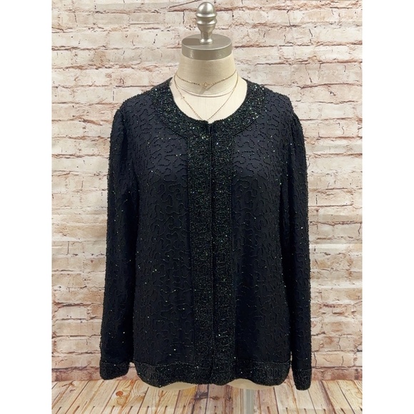 Lawrence Kazer Women's Black Beads 100% Silk Evening Blazer Jacket Size MP - Picture 1 of 8